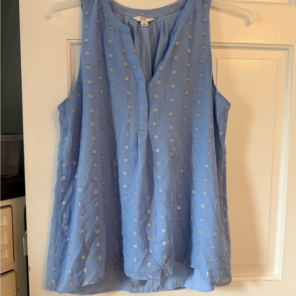 Crown & Ivy Light Blue Sleeveless Blouse with Silver Dots